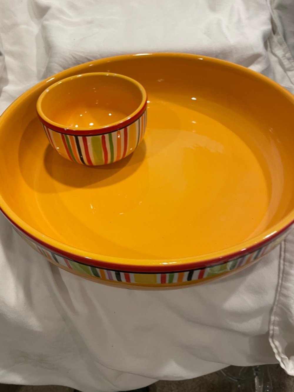 Crate&Barrel Yellow and Red Striped Ceramic Serving Bowl